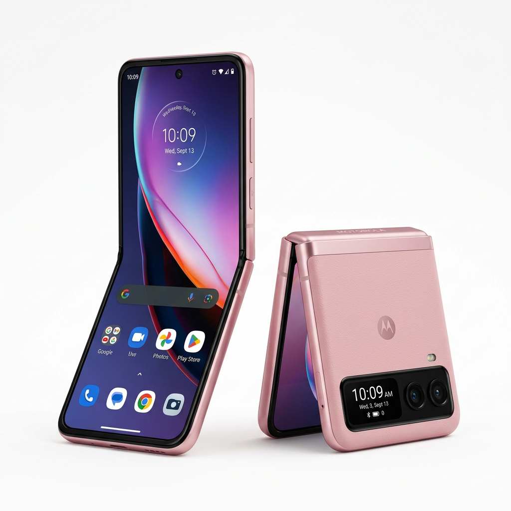 Motorola Razr 40 flip phone in Pink, open and folded view