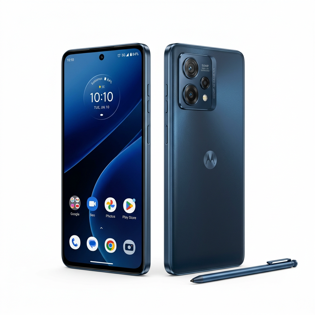 Motorola G Stylus 2025 in Blue with stylus pen, front and back view