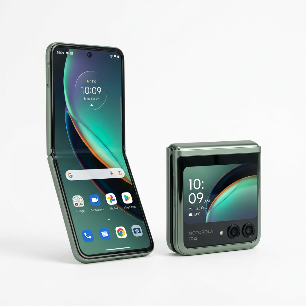 Motorola Razr 40 flip phone in Green, open and folded view