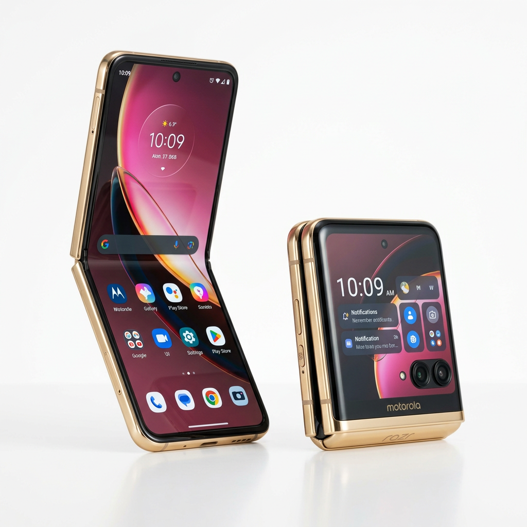 Motorola Razr 40 Ultra flip phone in Gold, open and folded view