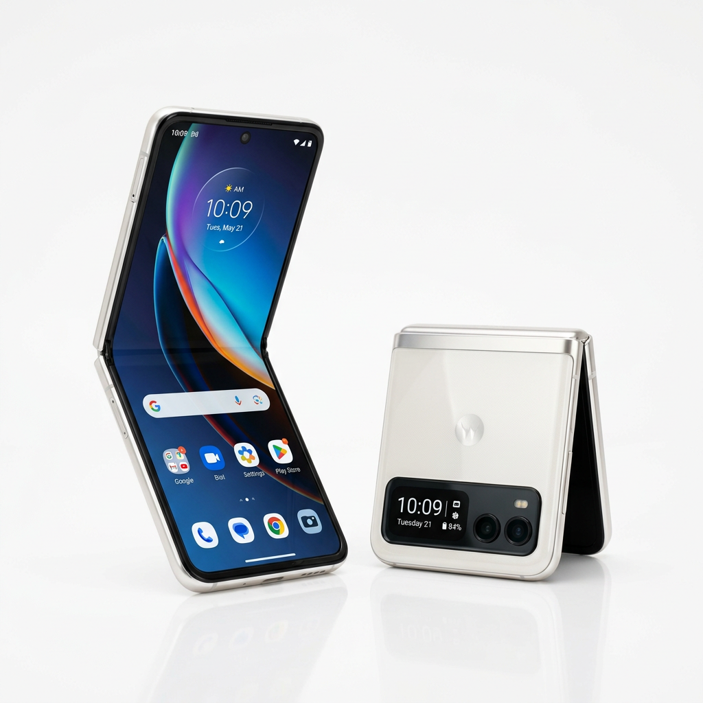 Motorola Razr 40 flip phone in White, open and folded view