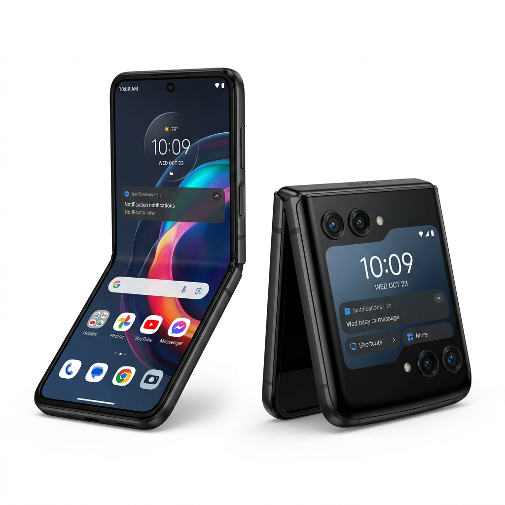 Motorola Razr 50 flip phone in Black, open and folded view