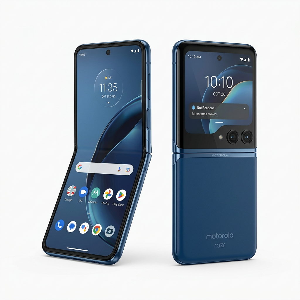 Motorola Razr 60 flip phone in Blue, open and folded view