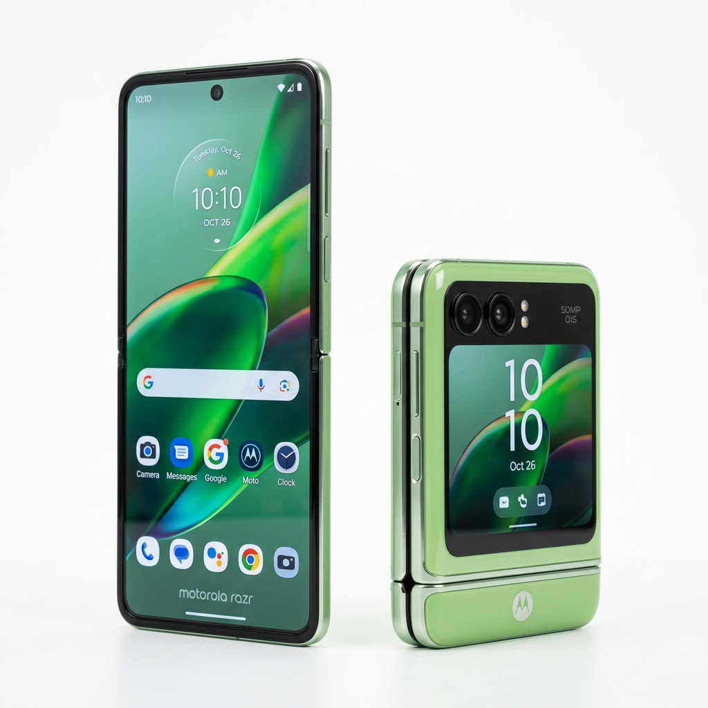 Motorola Razr 60 flip phone in Green, open and folded view